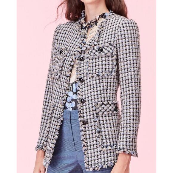New Rebecca Taylor HOUNDSTOOTH TWEED Blazer In Blue/Black Size 6 $578